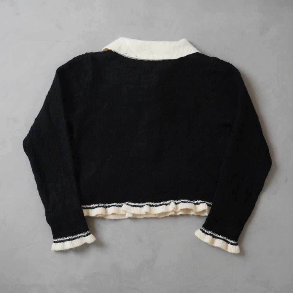Vintage Style Cropped Cardigan Medium Black White Heart Button Bow Coquette - Picture 2 of 7